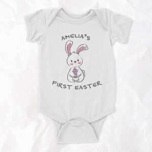 Baby's First Easter - Bunny Holding Egg - Short Sleeve Onesie