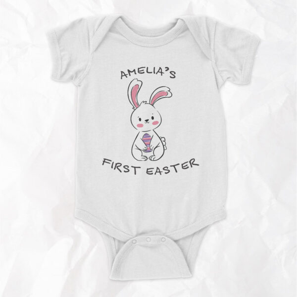 Baby's First Easter - Bunny Holding Egg - Short Sleeve Onesie